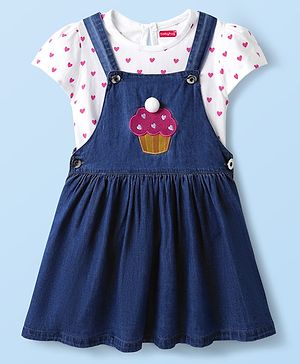 Babyhug  Cotton Knit Half Sleeves Inner T-Shirt & Frock with Cupcake Embroidery & Heart Print - Blue & White