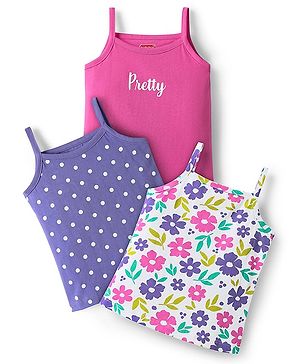 Babyhug 100% Cotton Knit Sleeveless Antibacterial Slips with Floral & Polka Dots Print Pack of 3 - Pink White & Lilac