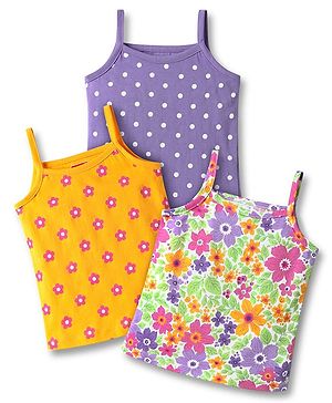 Babyhug 100% Cotton Single Jersey Knit Sleeveless Antibacterial Slips With Polka Dots & Floral Print Pack Of 3 - Yellow Light Green & Purple