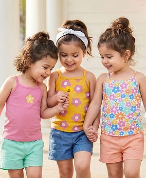 Babyhug 100% Cotton Single Jersey Knit Antibacterial Sleeveless Slips With Floral  Print Pack Of 3 - Pink Yellow & Light Blue
