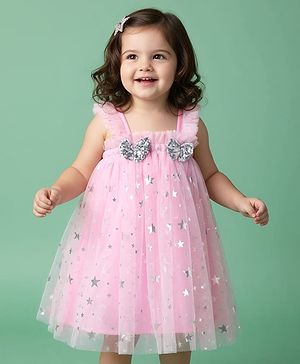 Babyhug Woven Sleeveless Party Dress With Foil Star Print & Bow Applique - Pink