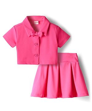 Babyhug Knit Half Sleeves Solid Color Top & Skirt Set with Bow Applique - Dark Pink