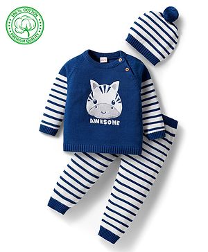 Babyhug Organic Cotton Knit Full Sleeves Pullover Sweater Set With Zebra Embroidery & Cap - Navy Blue & White