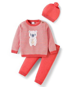 Babyhug Organic Cotton Knit Full Sleeves Striped Pullover Sweater Set with Cap & Bear Patch Detailing - Dark Peach