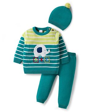 Babyhug Organic Cotton Knitted Full Sleeves Striped Sweater Set With Elephant Embroidery & Cap - Teal Blue & Yellow
