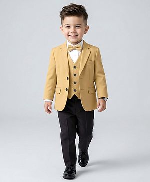 Babyhug Knit Full Sleeves Solid Four Piece Party Suit Set with Bow - Light Brown