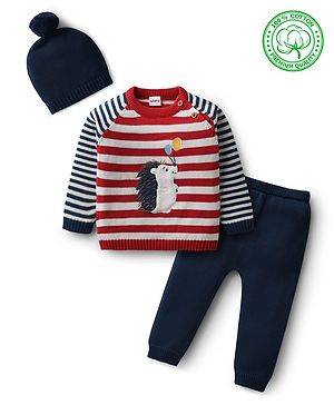 Babyhug Organic Cotton Knit Full Raglan Sleeves Pullover Striped Sweater Set with Cap & Patch Detailing - Navy Blue & Red