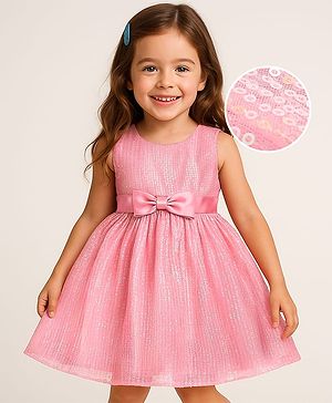 Babyhug Woven Sleeveless Mesh Party Dress with Bow Applique & Sequin Detailing - Pink