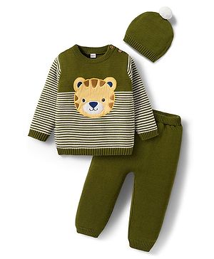 Babyhug Organic Cotton Knitted Full Sleeves Pullover Sweater Set With Tiger Embroidery & Cap - Olive Green