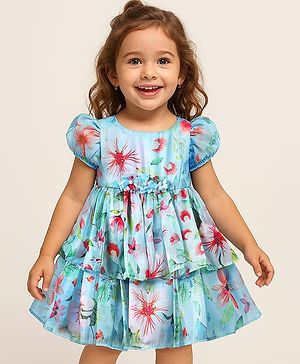 Babyhug Woven Half Sleeves Layered Dress With Floral Corsage & Print - Turquoise