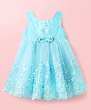 Babyhug Woven Sleeveless Party Dress With Floral Embroidery & Corsage - Aqua Blue