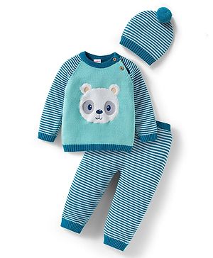 Babyhug Organic Cotton Knit Full Raglan Sleeves Striped Pullover Sweater Set with Cap & Bear Patch Detailing - Teal Blue