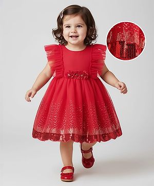 Babyhug Woven Frill Sleeve Fit & Flare Party Dress with Frills Floral Corsage & Sequins - Red