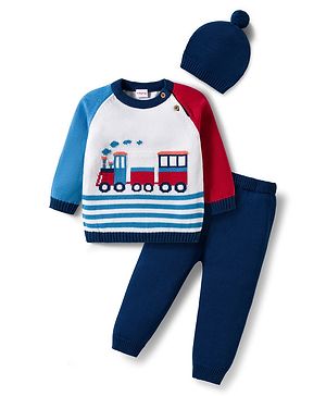 Babyhug Organic Cotton Knitted Full Raglan Sleeves Sweater Set With Train Design & Cap - Multicolor