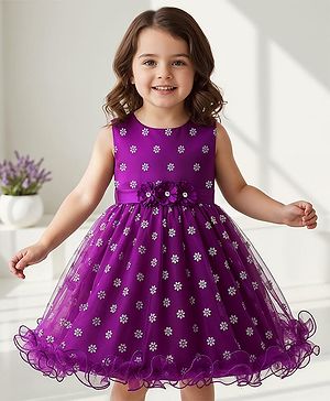 Babyhug Woven Sleeveless Party Dress With Floral Corsage & Foil Print - Purple