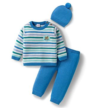 Babyhug Organic Cotton Knit Full Sleeves Sweater Set with Stripes & Bee Nice Patch & Cap - Blue