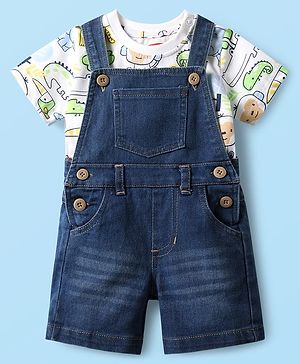 Babyhug Single Jersey Knit Dungaree & Half Sleeves T-Shirt With Dino Print - Blue
