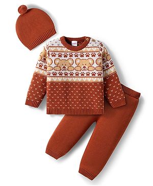 Babyhug Organic Cotton Knit Full Sleeves Sweater Set with Teddy Bear Print & Cap - Brown
