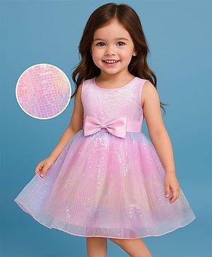 Babyhug Woven Sleeveless Mesh Party Dress with Sequin Detailing & Bow Applique - Pink