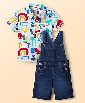 Babyhug Poplin Woven Knee Length Dungaree & Half Sleeves Shirt Set with Nautical Theme Print - White & Navy Blue