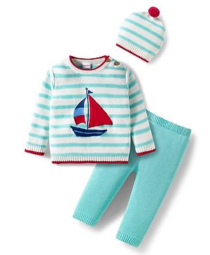 Babyhug Organic Cotton Knit Full Sleeves Sweater Set with Stripes & Yatch Design & Cap - Light Blue