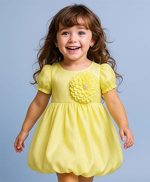 Babyhug Woven Half Puffed Sleeves Party Dress with Floral Applique - Yellow