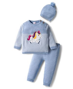 Babyhug Organic Cotton Knit Full Sleeves Striped Pullover Sweater Set with Cap & Unicorn Patch Detailing - Light Blue