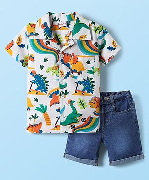 Babyhug Poplin Collar Half Sleeves Shirt & Short Set With Animal Print - White & Blue