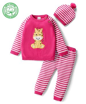 Babyhug Organic Cotton Knit Full Raglan Sleeves Striped Pullover Sweater Set with Cap & Giraffe Patch Detailing - Pink