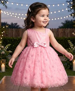 Babyhug Woven Sleeveless Party Dress with Sequin & Floral Detailing & Bow Applique - Light Pink