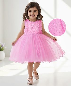 Babyhug Woven Sleeveless Party Dress With 3D Floral Applique On Yoke - Pink