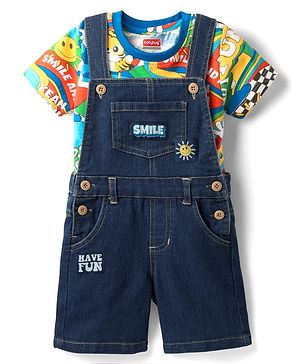 Babyhug Single Jersey Knit Dunagaree & Half Sleeves T-Shirt Set With Animal Print - Navy Blue