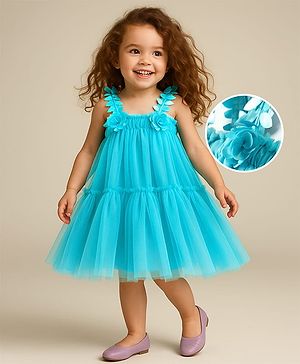 Babyhug Woven  Sleeveless Party Dress With Floral & Leaf Applique - Aqua Blue