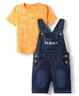 Babyhug Single Jersey Knit Half Sleeves T-Shirt & Dungaree With Tropical Theme Print - Orange & Navy Blue