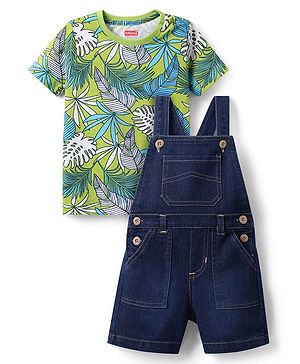 Babyhug Single Jersey Knit Knee Length Dungarees & Half Sleeves Tee Set with Tropical Theme Print - Green & Navy Blue