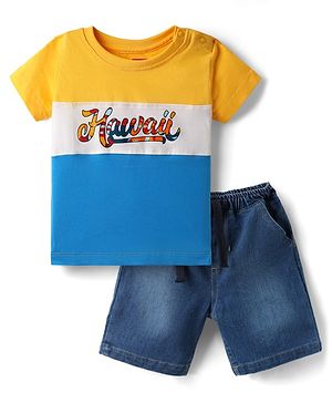 Babyhug Single Jersey Knit Half Sleeves T-Shirt & Short Set With Text Print - Yellow & Blue