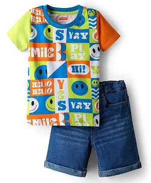 Babyhug Single Jersey Knit Half Sleeves T-Shirt & Denim Shorts Set with Smiley Print - Navy Blue