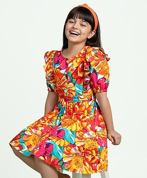 Pine Kids Rayon Woven Half Sleeves Frock With Floral Print & Belt - Multicolor
