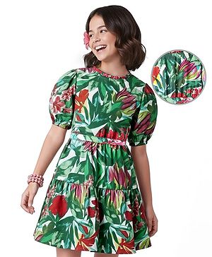 Pine Kids Rayon Woven Half Sleeves Frock With Floral Print & Belt - Green