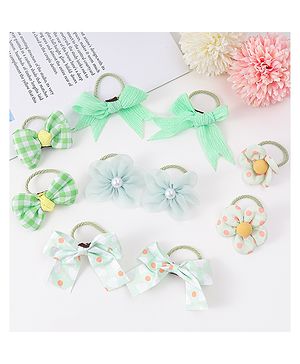 Babyhug Rubber Bands with Bow and Floral Applique Pack of 10 -  Light Blue and Green