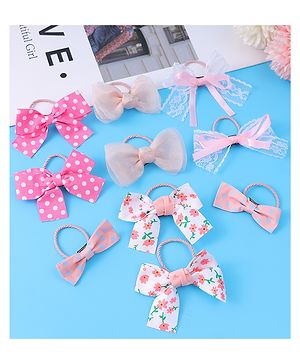 Babyhug Rubber Bands with Bow Applique and Floral and Polka Dot Design Pack of 10 - Pink