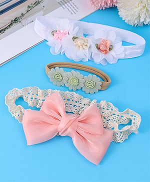 Babyhug Bow & Floral Applique Headband  Pack of 3 Print - White & Pink