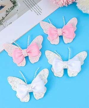 Babyhug Bow and Butterfly Clips Set of 4 - White & Pink
