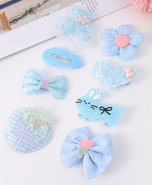 Babyhug Hair Pins and Clips With Bow & Floral Design Pack Of 8 - Light Blue