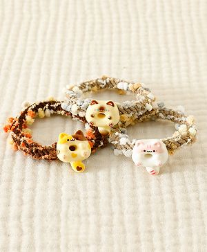 Pine Kids Free Size Rubber Bands & Scrunchies Set With Cat Applique Pack of 3 - Multicolor