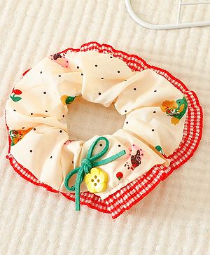 Pine Kids Scrunchies with Floral Print Lace Design & Bow Applique - Red & Cream