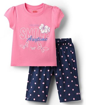 Babyhug Cotton Knit Half Sleeves Capri Set With Polka Dots & Floral Print - Pink & Navy Blue