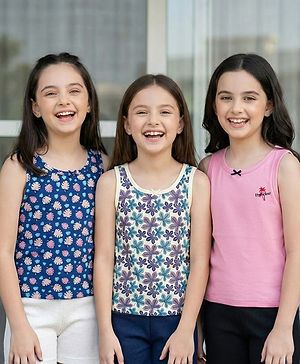 Pine Kids Cotton Lycra Knit Sleeveless Vests With Floral Print Pack Of 3 (Color May Vary)