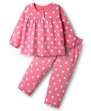 Babyhug Cotton Knit Full Sleeves Co-ords Night Suit with Hearts Print - Dark Pink