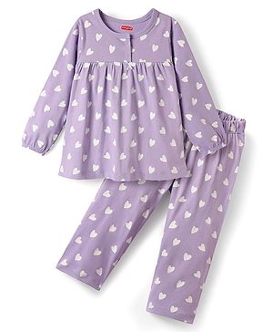 Babyhug Cotton Knit Full Sleeves Co-ords Night Suit With Heart Print - Purple